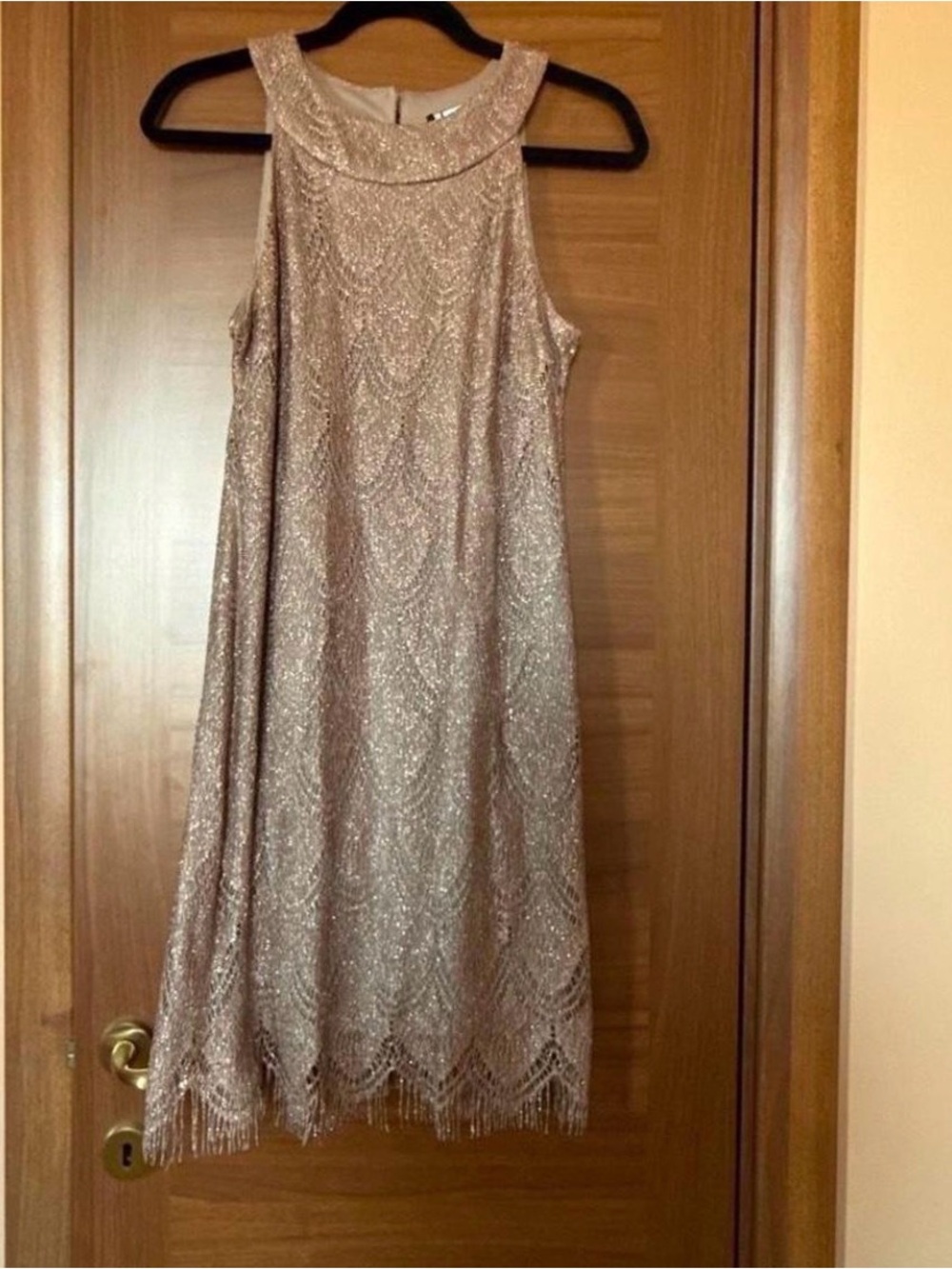 S.L. Fashions Metallic Rose Gold Scalloped Crochet Lace Fringe Flapper Dress 10P